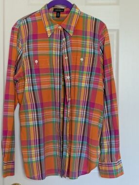 Ralph Lauren Jeans  Co. Orange Multicolor Plaid Button-Down Shirt, Women, L